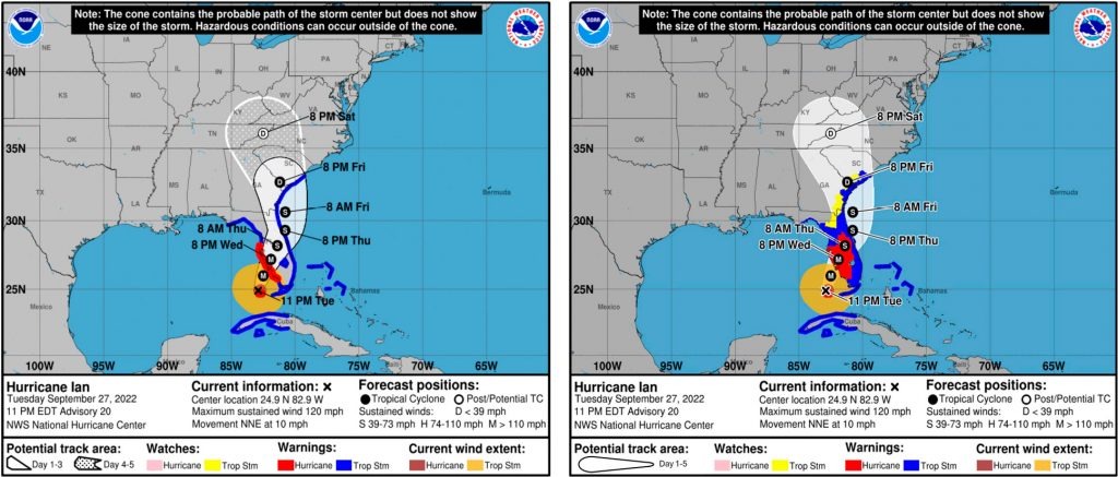 Study comparison using Hurricane Ian imagery from September 2022: traditional cone at left and inland-enhanced example at right. NOT a current forecast.