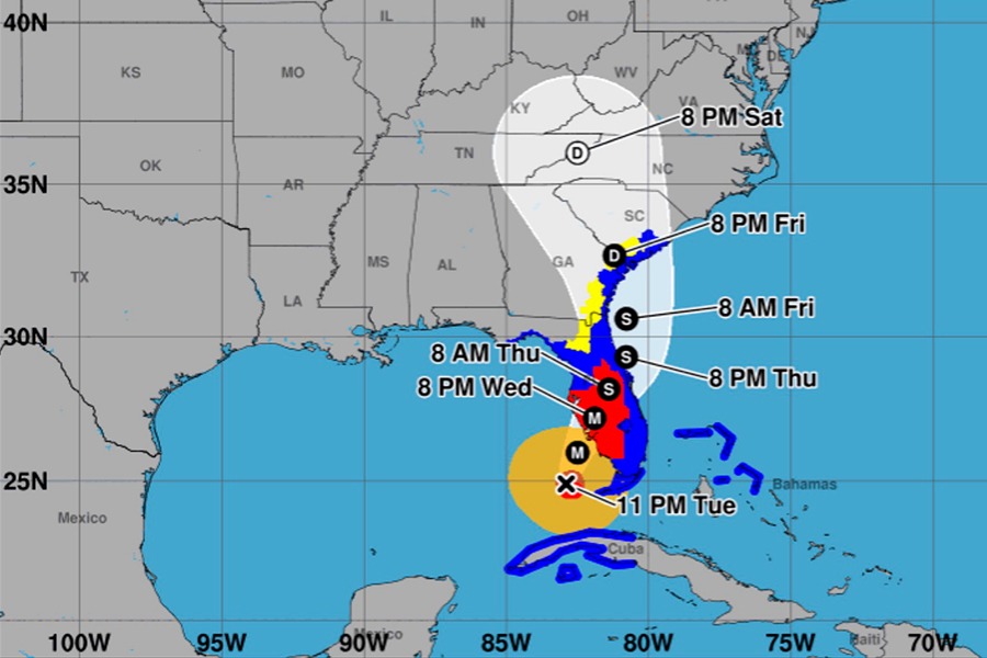 Research example of an experimental hurricane forecast graphic. This is NOT a live forecast or current warning.