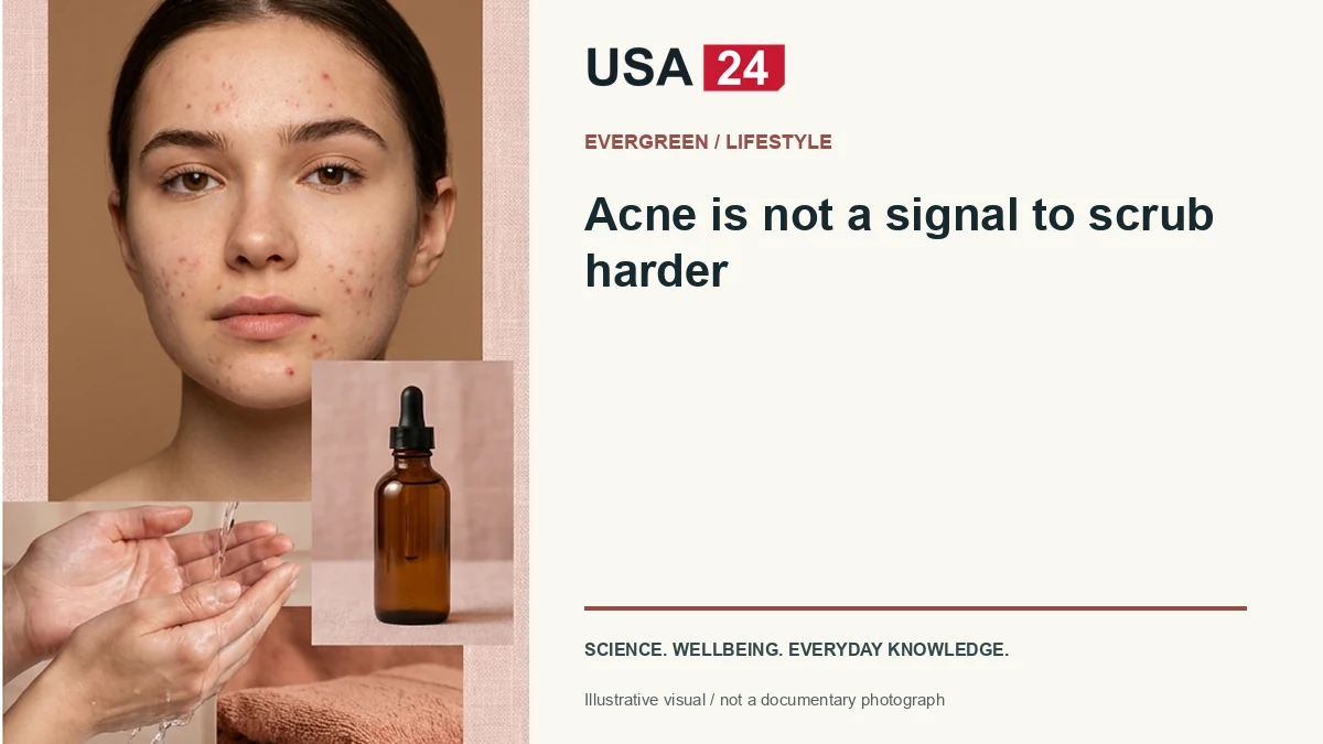 Acne is not a signal to scrub harder — conceptual editorial illustration