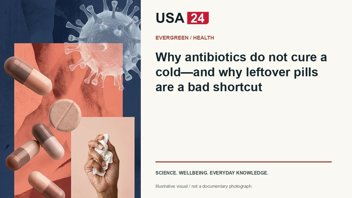 Why antibiotics do not cure a cold—and why leftover pills are a bad shortcut — conceptual editorial illustration