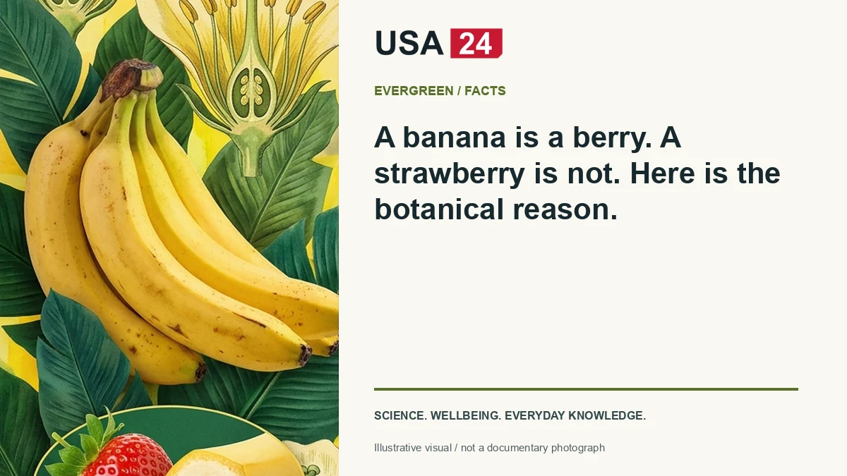 A banana is a berry. A strawberry is not. Here is the botanical reason. — conceptual editorial illustration