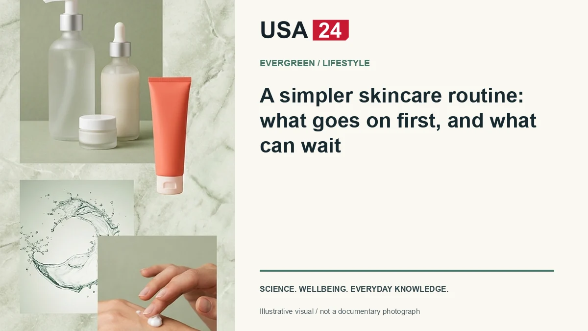 A simpler skincare routine: what goes on first, and what can wait — conceptual editorial illustration