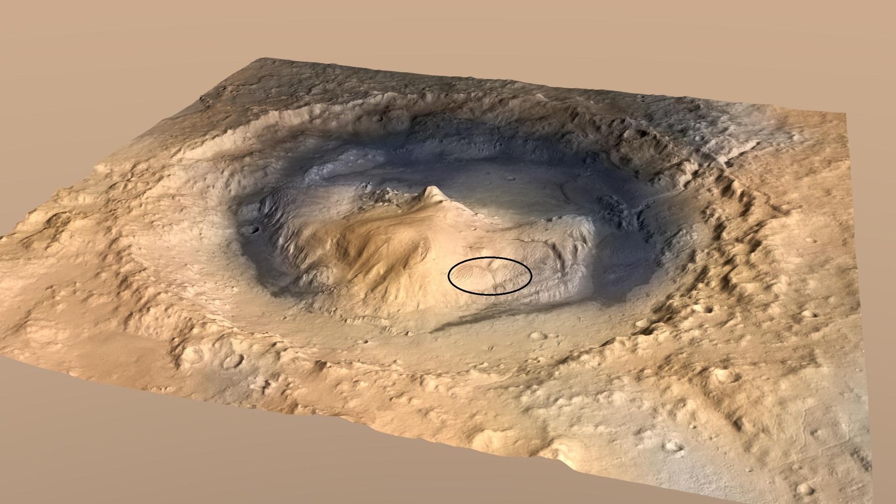 Artist’s concept of Mount Sharp with the yardang layer marked. This is a location illustration, not a rover photograph.