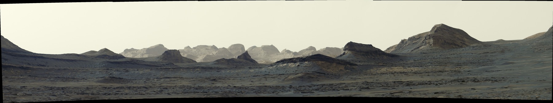 Six Mastcam frames taken August 11, 2026, stitched into a panorama without the usual white balancing.