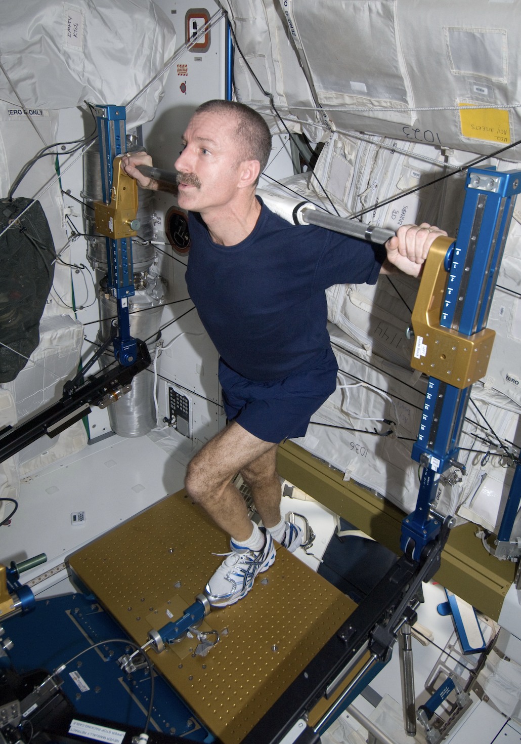 NASA astronaut Dan Burbank using the advanced Resistive Exercise Device in the Tranquility node of the International Space Station.