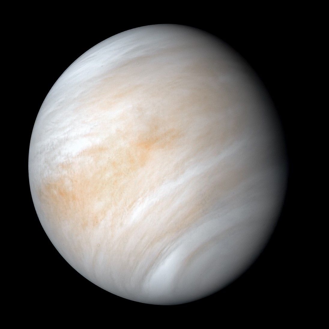 Venus viewed by Mariner 10 in February 1974. Archive spacecraft image showing clouds, not a new surface photograph.