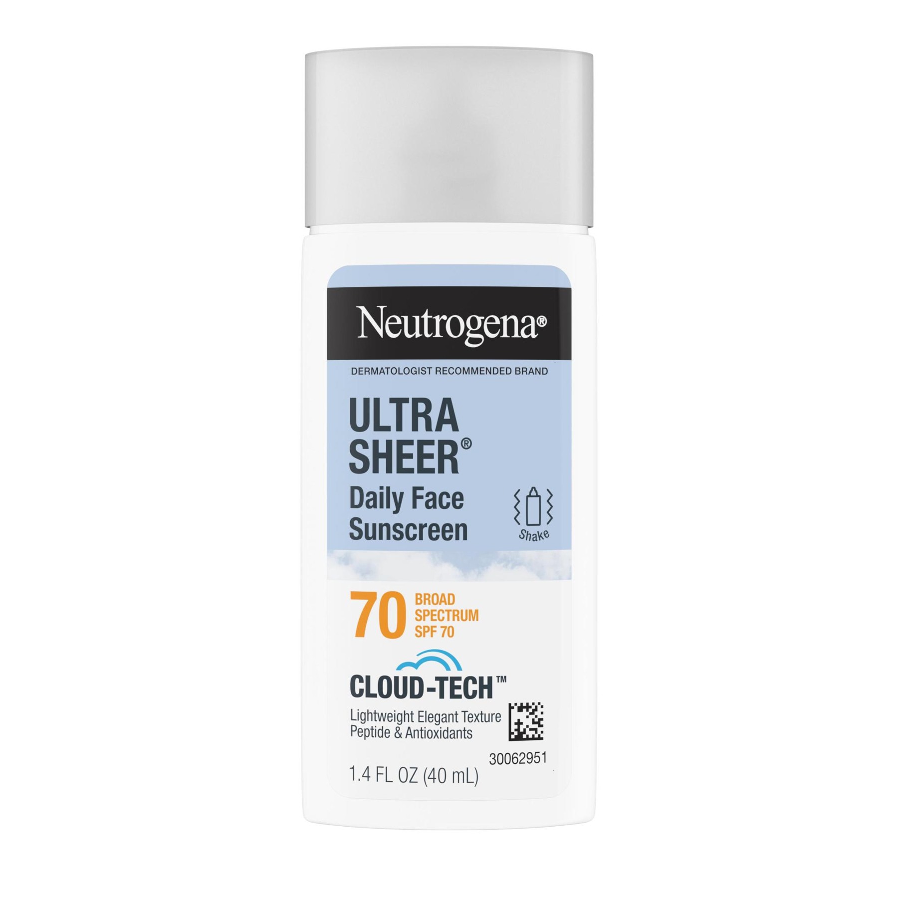 Product packaging for Neutrogena Ultra Sheer SPF 70 sunscreen, supplied by the company in October 2026. Product photograph, not an endorsement.