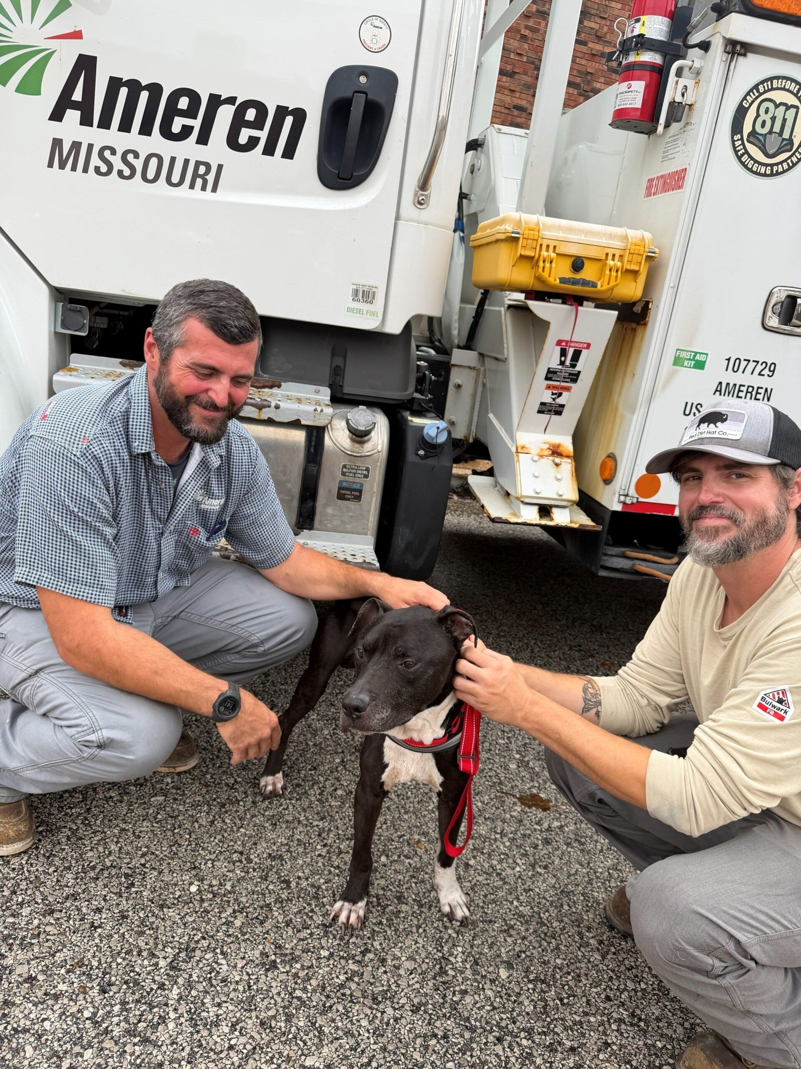 Ameren Missouri workers with Sparks in the reunion image supplied with KBSI’s October 16 report. Not a photograph of the initial rescue.