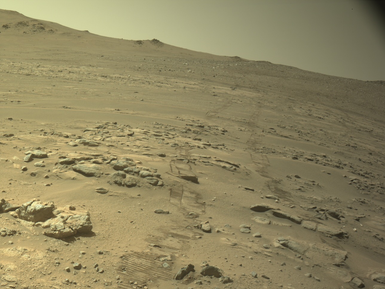 Perseverance navigation-camera image from October 11, 2026, when the rover passed Opportunity’s cumulative driving record.