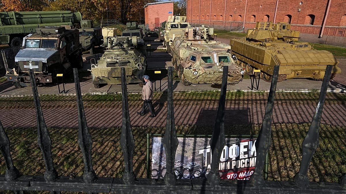 Captured Ukrainian military vehicles on display in St. Petersburg, Russia, October 21, 2026. This is the source report’s lead image, not a photograph of the reported overnight strikes.